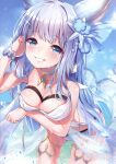  1girl absurdres animal_ears bangs bare_shoulders bikini blue_eyes blush bracelet breast_hold breasts cloud cloudy_sky collar collarbone day erune eyebrows_visible_through_hair granblue_fantasy hair_ornament hand_up highres jewelry korwa leaning_forward long_hair looking_at_viewer medium_breasts outdoors parted_lips scan see-through shiny shiny_hair shiny_skin simple_background sky smile solo swimsuit topia water water_drop wet white_hair 