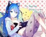  1girl alyssa_(specktech) blue_eyes blue_hair breasts cat_ear_headphones cleavage collarbone commission controller feet_out_of_frame food game_controller headphones highres holding holding_controller holding_game_controller hood hoodie long_hair midriff mouth_hold nintendo_switch open_clothes open_hoodie original pajamas pants phantasy_star phantasy_star_online_2 pocky second-party_source shimi_to_ufu skeb_commission solo stuffed_animal stuffed_toy 