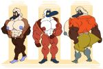  absurd_res anthro avian bernard big_nipples bird blue-footed_booby blue_nipples booby_(bird) bottomwear brother brothers bulge clothing coveralls grey_nipples group hi_res male metrothefox muscular muscular_male nipples overalls pecs red_nipples shorts sibling sulid trio 