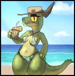  amber_(squablodecomplash) anthro beach beverage bikini blue_clothing bodily_fluids bottomwear breasts clothed clothing container cup eyelashes eyeshadow facial_markings female floral_print freckles green_body green_clothing green_scales hat head_markings headgear headwear horn horn_markings kobold lemon makeup markings multicolored_body navel pink_clothing scales scalie sea seaside smile solo squablodecomplash standing straw straw_hat sun_hat sweat swimwear tail_markings topwear water wet yellow_eyes 