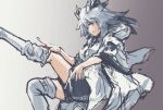  1girl arknights boots coat feet_out_of_frame from_side grey_hair hair_wings hood looking_at_viewer milleyoshio orange_eyes ptilopsis_(arknights) shorts sketch smile solo thigh_boots thighhighs triangle_mouth 