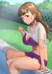  1girl :o absurdres alternate_hairstyle bangs bikini bikini_under_clothes blunt_bangs blush breasts brown_hair clothes_lift collarbone feet_out_of_frame fence frilled_bikini frills highres idolmaster idolmaster_cinderella_girls kamiya_nao large_breasts looking_at_viewer looking_to_the_side mikohachi navel outdoors pool poolside purple_bikini red_eyes see-through shirt shirt_lift short_sleeves sideways_glance sitting solo sweatdrop swimsuit thick_thighs thighs wet wet_clothes wet_shirt white_shirt 