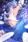  1girl armpits arms_up bangs blue_eyes blue_headwear blue_skirt bouncing_breasts breasts commentary_request detached_sleeves grey_hair hair_over_one_eye hat hat_ribbon light_blue_eyes light_blue_hair long_sleeves medium_breasts medium_hair medium_skirt midriff mononobe_no_futo navel no_bra pom_pom_(clothes) ponytail red_ribbon ribbon sea_scorpion_(umisasori) sideboob skirt solo stomach tate_eboshi touhou v-shaped_eyebrows vest white_ribbon white_sleeves white_vest wide_sleeves 