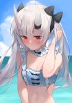  1girl bangs bikini black_ribbon blue_bikini blush breasts choker cleavage closed_mouth eyebrows_visible_through_hair frilled_choker frills hair_ribbon hololive horns long_hair looking_away looking_down nakiri_ayame oni_horns red_eyes ribbon s.w solo swimsuit twintails upper_body virtual_youtuber white_hair 