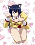  1girl agent_aika aika_(series) animal_ears bad_hands blue_hair blush bobby_socks brown_eyes cat_ears delmogeny_uniform dress fake_animal_ears golden_delmo hair_ribbon heart highres juliet_sleeves kuroyoshi long_sleeves looking_at_viewer panties pantyshot paw_pose petoriyacowa_rie pink_ribbon puffy_sleeves ribbon simple_background smile socks solo squatting underwear uniform white_legwear white_panties yellow_dress yellow_footwear 