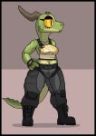 amber_(squablodecomplash) anthro black_clothing blue_clothing bottomwear breasts clothed clothing digital_media_(artwork) eyelashes eyeshadow facial_markings female freckles green_body green_scales head_markings hi_res horn horn_markings kobold makeup markings multicolored_body navel open_mouth scales scalie simple_background solo squablodecomplash standing tail_markings teeth topwear two_tone_body white_clothing yellow_clothing yellow_eyes 
