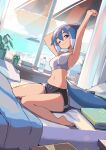  1girl absurdres armpits arms_up azuumori bangs barefoot beach bed black_shorts blue_hair book bottle breasts closed_mouth cloud cloudy_sky commentary day dolphin_shorts dutch_angle english_commentary fish_tail full_body gym_shorts hair_between_eyes highres horizon light_smile linea_alba looking_at_viewer medium_breasts medium_hair multicolored_hair navel ocean on_bed one_eye_closed original pillow plant potted_plant red_eyes sand shark_girl shark_girl_(azuumori) shark_tail shorts sidelocks sitting sky solo sports_bra stretch tail thick_eyebrows two-tone_hair wariza water_bottle white_curtains white_hair white_sports_bra window 