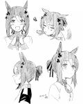  1girl :d =_= animal_ears artist_name ascot bangs blush closed_mouth clover_hair_ornament collared_shirt dated fine_motion_(umamusume) greyscale hair_bun hair_ornament highres horse_ears jacket kawashina_(momen_silicon) looking_afar looking_at_viewer medium_hair monochrome multiple_views open_mouth own_hands_together shirt smile squiggle track_jacket umamusume 