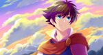  1boy blue_eyes blue_tunic brooch brown_hair butz_klauser cape cloud cloudy_sky final_fantasy final_fantasy_v hair_between_eyes highres jewelry long_sleeves open_collar red_cape sanroku_3 shirt short_hair sky solo sunset upper_body white_shirt 