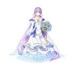  1girl absurdly_long_hair absurdres bangs bare_shoulders bouquet commentary_request detached_sleeves dress eyebrows_visible_through_hair fire_emblem fire_emblem:_the_binding_blade fire_emblem_heroes flower full_body hair_between_eyes highres long_hair official_alternate_costume official_art purple_eyes purple_hair simple_background solo sophia_(fire_emblem) standing tan_(tangent) very_long_hair wedding_dress white_background white_dress 