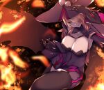  1girl bangs black_gloves black_sclera blazblue breasts cleavage colored_sclera fire gaien_(jin_morisono) gloves hair_over_one_eye hand_on_headwear hat highres konoe_a._mercury large_breasts long_hair looking_at_viewer open_mouth pink_hair solo thighhighs witch_hat yellow_eyes 