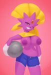  absurd_res alternate_color anthro areola big_breasts bottomwear breasts clothed clothing cutoffs denim denim_clothing dibujosv12 female hi_res holding_object iron_ball mammal mustelid nintendo nipples partially_clothed pok&eacute;mon pok&eacute;mon_(species) shiny_pok&eacute;mon shorts smile solo topless topless_female video_games weavile 