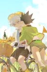  2boys basket belt bicycle black_hair blue_eyes blue_sky brown_shorts cloud cloudy_sky commentary_request drink drinking_straw faceless faceless_male flag gon_freecss green_jacket green_shorts ground_vehicle hat holding holding_drink hunter_x_hunter jacket killua_zoldyck koy8frqryzjmxxy male_focus multiple_boys riding shirt short_hair shorts sitting sky soda_bottle spiked_hair whispering white_hair white_shirt 