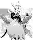  1girl animal_ear_fluff animal_ears breasts character_request cloud cloudy_sky commentary_request copyright_request covered_nipples dot_nose fan_no_hitori greyscale highres looking_away monochrome outside_border sky solo white_background 