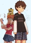  1boy 1girl blonde_hair bow brother_and_sister brown_hair crying_child_(fnaf) dabi_bill elizabeth_afton five_nights_at_freddy&#039;s food golden_freddy green_eyes hair_bow highres holding holding_food holding_spoon ice_cream ice_cream_cone long_hair pink_shirt shirt shorts siblings skirt spoon striped striped_shirt stuffed_animal stuffed_toy teddy_bear 