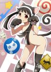  1girl animal_ears animal_hands black_legwear brown_hair cat_ears cat_tail convenient_censoring fang gesugesu_ahoaho hachikuji_mayoi looking_at_viewer loose_socks monogatari_(series) nude red_eyes socks solo tail thighhighs twintails 