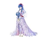  1girl absurdres blue_eyes blue_hair boots bouquet closed_mouth commentary_request dress feather_trim fire_emblem fire_emblem:_the_binding_blade fire_emblem_heroes flower full_body gold_trim high_heels highres holding kaya8 lilina_(fire_emblem) long_hair looking_at_viewer official_alternate_costume official_art shiny shiny_hair simple_background solo standing thigh_boots thighhighs wedding_dress white_background white_dress white_footwear 