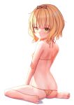  1girl absurdres ass bangs bare_arms bare_legs bare_shoulders barefoot bikini blonde_hair breasts brown_bikini butt_crack closed_mouth commentary_request eyebrows_visible_through_hair from_behind full_body gochuumon_wa_usagi_desu_ka? green_eyes highres kirima_syaro ray_peng shadow sitting small_breasts solo swimsuit wariza white_background 