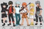 6+boys absurdres amino_(aminor) animal_ears bandaged_arm bandages bare_shoulders blonde_hair cat_ears crossed_arms english_text fang full_body grey_background highres holding holding_weapon lineup looking_at_viewer male_focus messy_hair midriff_peek multicolored_hair multiple_boys muscular_shota navel original profile red_eyes sandals scar scar_on_face shorts simple_background streaked_hair translated weapon white_hair 