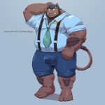  1:1 2022 absurd_res anthro belly big_belly bottomwear bulge clothing fugofuga hat headgear headwear hi_res jumperbear kemono male mammal necktie overweight overweight_male polidog_patrol shirt shorts simple_background solo suid suina sus_(pig) suspenders text topwear url wild_boar 