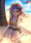  1girl artist_name bandana bare_legs barefoot beach beads bikini bikini_under_clothes blonde_hair braid breasts cleavage detached_sleeves final_fantasy final_fantasy_x final_fantasy_x-2 green_eyes hair_beads hair_ornament miniskirt mystra77 navel ocean palm_tree patreon_username rikku shade skirt smile solo stomach sunlight swimsuit thong_bikini tree water yellow_bikini 