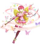  1girl alternate_costume bangs belt boots breasts bug butterfly closed_mouth detached_collar dress elbow_gloves est_(fire_emblem) fairy_wings fingerless_gloves fire_emblem fire_emblem:_mystery_of_the_emblem fire_emblem_heroes full_body gloves gradient gradient_clothes hair_ornament headband highres holding holding_weapon konfuzikokon leg_up looking_away non-web_source official_art one_eye_closed pink_dress pink_eyes pink_hair polearm shiny shiny_hair short_dress short_hair sleeveless small_breasts smile solo spear thigh_boots thighhighs transparent_background weapon wings zettai_ryouiki 