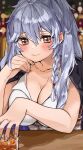  1girl absurdres bangs blurry blurry_background blush braid breasts brown_eyes cleavage closed_mouth coat coat_on_shoulders collarbone collared_shirt cup drinking_glass granblue_fantasy grey_hair highres large_breasts lips long_hair osakana_(rrg0123) shirt sidelocks silva_(granblue_fantasy) single_braid sleeveless sleeveless_shirt smile solo sparkle upper_body white_shirt 