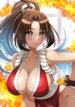  1girl absurdres bangs bare_shoulders blurry blurry_background blush breasts brown_eyes brown_hair cleavage collarbone fatal_fury fire high_ponytail highres large_breasts long_hair looking_at_viewer maroonabyss ninja ponytail revealing_clothes shiranui_mai smile solo the_king_of_fighters upper_body 