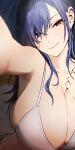  1girl bangs bikini blue_hair breasts cleavage close-up ear_piercing earrings goshiki_suzu hair_over_one_eye highres huge_breasts jewelry long_hair looking_at_viewer mole mole_on_armpit mole_under_eye original piercing reaching_out red_eyes selfie smile solo swimsuit 