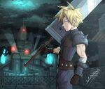  absurdres armor belt blonde_hair blue_eyes cloud cloud_strife factory final_fantasy final_fantasy_vii gloves highres lights markustercero night serious shoulder_armor sword weapon 