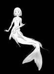  1girl bangs bare_shoulders black_background blunt_bangs blush bob_cut bra collarbone commentary_request eyebrows_visible_through_hair fish_tail flat_chest greyscale highres hiramedousa kneeless_mermaid looking_at_viewer mermaid monochrome monster_girl navel open_mouth original short_hair solo tail underwear webbed_hands 