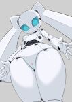  1girl android blue_eyes blue_sclera blush breasts censored colored_sclera colored_skin completely_nude drossel_von_flugel fireball_(series) from_below grey_background heart heart_censor joints nipples no_mouth nude pochincoff pussy robot robot_joints simple_background small_breasts solo standing twintails white_skin 
