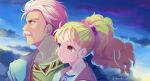  1boy 1girl blonde_hair blue_dress brown_eyes cloud cloudy_sky dress facial_hair final_fantasy final_fantasy_v galuf_halm_baldesion grandfather_and_granddaughter highres krile_mayer_baldesion long_hair mustache ponytail sanroku_3 short_hair sidelocks sky upper_body wavy_hair white_hair 