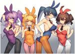  4girls animal_ears artist_request bare_arms bare_shoulders black_legwear blonde_hair blue_eyes braid brown_hair double_bun escalation_heroines fake_animal_ears haruhina_urara kakono_hibiki multiple_girls necktie one_eye_closed orange_eyes orange_legwear pantyhose pink_legwear playboy_bunny ponytail purple_hair rabbit_ears rabbit_tail sonozaki_akari sweatdrop tail tongue tongue_out twin_braids twintails white_legwear yukishiro_elly 