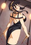  1girl ass bare_shoulders black_dress black_hair black_legwear blood blood_splatter blush boots breasts choker cleavage curvy dagger dress dual_wielding earrings flower hair_flower hair_ornament hairband holding holding_weapon jewelry knife large_breasts looking_at_viewer mitue off-shoulder_dress off_shoulder sidelocks solo spy_x_family thigh_boots thighhighs weapon yor_briar 