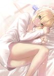  1girl ahoge artoria_pendragon_(fate) ass bangs blonde_hair blue_ribbon braid breasts collared_shirt dress_shirt fate/stay_night fate_(series) french_braid green_eyes hair_bun hair_ribbon highres long_hair long_sleeves looking_at_viewer lying medium_breasts neko_daruma on_side ribbon saber shirt sidelocks smile solo white_shirt 