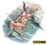  1girl absurdres animal bangs bird black_swimsuit black_wings breasts destiny_child hair_between_eyes highres horns huge_breasts innertube khepri_(destiny_child) logo long_hair looking_at_viewer lying o-ring o-ring_swimsuit official_art on_back parted_lips partially_submerged sand striped_horns swimsuit water wet white_hair white_wings wings wonchun 