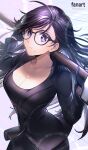  1girl black_hair breasts glasses hammer highres holding holding_hammer large_breasts long_hair minamikata_hizuru mole purple_eyes solo summertime_render y-chan 