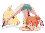  1girl ass blue_eyes blush breasts breasts_out closed_mouth commentary eyebrows_visible_through_hair green_eyes jack-o&#039;_challenge meme midriff misty_(pokemon) orange_hair pokemon pokemon_(anime) pokemon_(classic_anime) pokemon_(creature) psyduck shaking shirt shoes short_hair short_shorts shorts side_ponytail simple_background sleeveless sleeveless_shirt small_breasts sneakers suspenders sweat toku_(ke7416613) top-down_bottom-up underboob white_background 