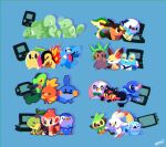  &gt;_&lt; beak blue_background bulbasaur charmander chespin chikorita chimchar closed_eyes crying cyndaquil fangs fennekin fire froakie game_boy game_boy_(original) game_boy_advance game_boy_color grookey handheld_game_console highres litten mudkip nintendo_3ds nintendo_ds nintendo_switch no_humans open_mouth oshawott piplup pokemon pokemon_(creature) popplio rowlet sakanagi_(a_r_co_) scorbunny seashell shell signature simple_background snivy sobble squirtle starter_pokemon_trio tail tears tepig torchic totodile treecko turtwig 