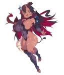  1girl arm_tattoo bare_shoulders black_hair black_legwear black_tail black_wings blue_fire broken_horn covered_navel covered_nipples dark-skinned_female dark_skin demon_girl demon_horns demon_tail demon_wings detached_wings earrings eyebrows_visible_through_hair fire flame grey_background hair_between_eyes horns jewelry leg_tattoo leotard long_hair mini_wings multicolored_hair open_mouth original pointy_ears potion_(moudamepo) purple_footwear purple_leotard red_hair sharp_teeth shiny shiny_skin simple_background skin-covered_horns smile solo tail tattoo teeth thighhighs tongue twintails two-tone_hair wings yellow_eyes 