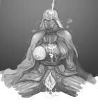  1girl breasts cape cum cum_in_pussy cum_on_body cum_on_breasts darth_vader genderswap genderswap_(mtf) greyscale helmet monochrome nipples pussy spread_legs star_wars 