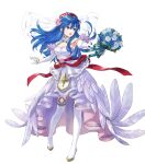  1girl blue_eyes blue_hair bridal_veil dress feather_trim fire_emblem fire_emblem:_the_binding_blade fire_emblem_heroes full_body gold_trim hair_ornament highres kaya8 lilina_(fire_emblem) long_hair non-web_source official_art sidelocks transparent_background veil wedding_dress white_dress 