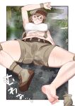  arm_up bangs belt blush boots breasts brown_belt brown_eyes brown_hair brown_shorts commentary_request covered_nipples crooked_eyewear cropped_jacket feet fio_germi full_body glasses highres jacket kikimifukuri knee_pads large_breasts looking_at_viewer lying metal_slug midriff navel nose_blush open_clothes open_jacket parted_lips round_eyewear shirt shoes short_shorts shorts single_shoe socks_removed soles spread_legs sweat sweatband thighs translation_request white_background white_shirt 