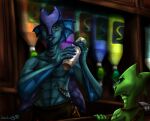  2021 abs anthro beverage biped blue_body blue_sclera blue_skin bottomwear clothing digital_media_(artwork) duo evamal_(soulwing98) female frill_(anatomy) gills green_body green_scales green_skin horn humanoid kobold loincloth male marine merfolk mixing pale_(soulwing98) prosthetic prosthetic_limb purple_body purple_scales scales scenery smile soulwing98 split_form 