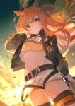  1girl animal_ears black_ribbon cloud dog_tags ear_ribbon elise_(piclic) green_jacket highres horse_ears horse_girl jacket long_hair looking_at_viewer mayano_top_gun_(umamusume) midriff navel orange_eyes orange_hair ribbon shorts sky solo thighs umamusume white_shorts 