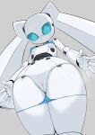  1girl android bikini bikini_pull blue_bikini blue_eyes blue_sclera blush breasts censored clothes_pull colored_sclera colored_skin drossel_von_flugel fireball_(series) from_below grey_background heart heart_censor joints no_mouth pochincoff pussy pussy_juice robot robot_joints simple_background small_breasts solo standing swimsuit twintails white_skin 