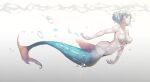  1girl absurdres air_bubble ass bangs blue_eyes blue_hair bottomless breasts bubble cleavage closed_mouth from_side full_body glint gradient gradient_background head_fins highres looking_away mermaid monster_girl noword original shell shell_bikini short_hair solo submerged water 