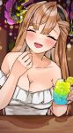  1girl absurdres bangs bare_shoulders blurry blurry_background blush bokeh breasts brown_hair cleavage closed_eyes collarbone cup depth_of_field dress drinking_glass facing_viewer food fruit granblue_fantasy hair_ornament hairband hand_up highres holding holding_cup large_breasts lemon lemon_slice long_hair off-shoulder_dress off_shoulder open_mouth osakana_(rrg0123) sidelocks smile solo tweyen_(granblue_fantasy) white_dress 
