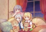  3girls :d absurdres ascot bat_wings blonde_hair blue_eyes blue_hair blue_vest blush bow braid closed_mouth collared_shirt commentary couch crystal curtains cushion fang flandre_scarlet frilled_shirt_collar frills green_bow grey_hair hair_between_eyes hair_bow hand_on_another&#039;s_head hand_on_own_cheek hand_on_own_face highres holding holding_needle holding_stuffed_toy indoors izayoi_sakuya knitting knitting_needle kutabiretainu looking_at_object medium_hair multiple_girls needle night night_sky no_hat no_headwear on_couch one_side_up open_mouth pink_shirt red_eyes red_skirt red_vest remilia_scarlet shirt short_sleeves sitting skin_fang skirt sky sleeve_cuffs slit_pupils smile star_(sky) starry_sky string stuffed_animal stuffed_toy stuffing teddy_bear touhou twin_braids vest white_shirt window wings yellow_ascot younger 